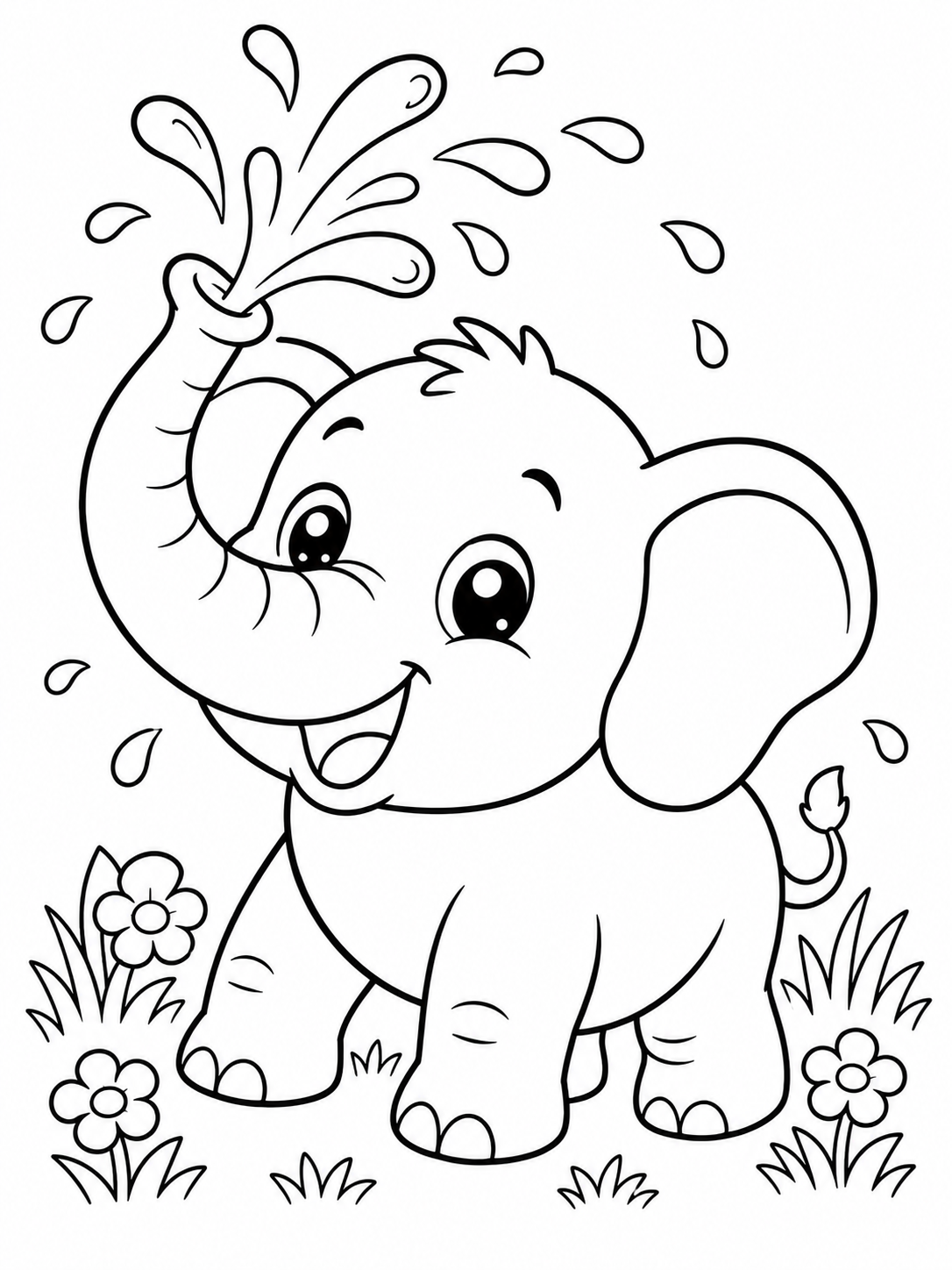 Sample coloring page from Baby Animals Coloring Book showing a baby elephant splashing water