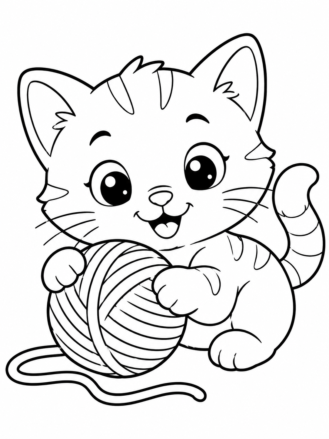 Sample coloring page from Baby Animals Coloring Book showing a kitten playing with yarn