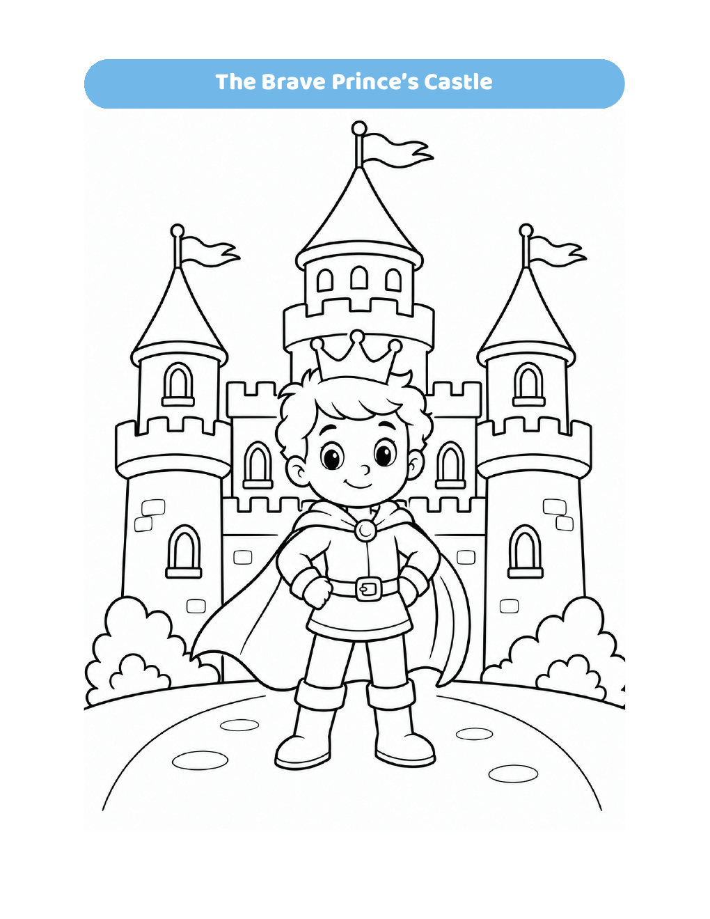 Sample coloring page from Prince Adventure Coloring Book showing a prince in front of a castle