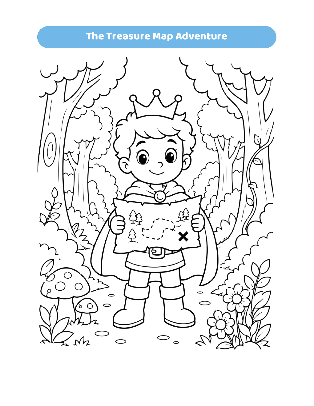 Sample coloring page from Prince Adventure Coloring Book showing a prince holding a treasure map